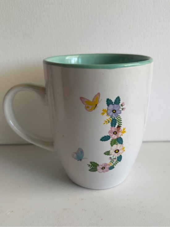 Other - Mug/Letter J White Ceramic Floral Butterfly Mug with Mint Interior
